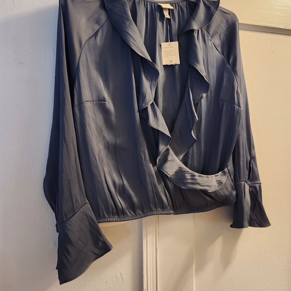 Elegant Ruffled Blouse in Slate Blue/Gray